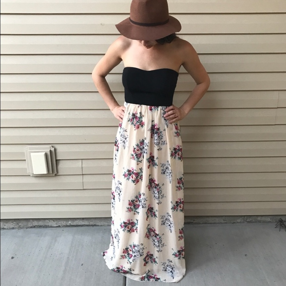 bailey blue Strapless Black & Cream Floral Maxi Dress